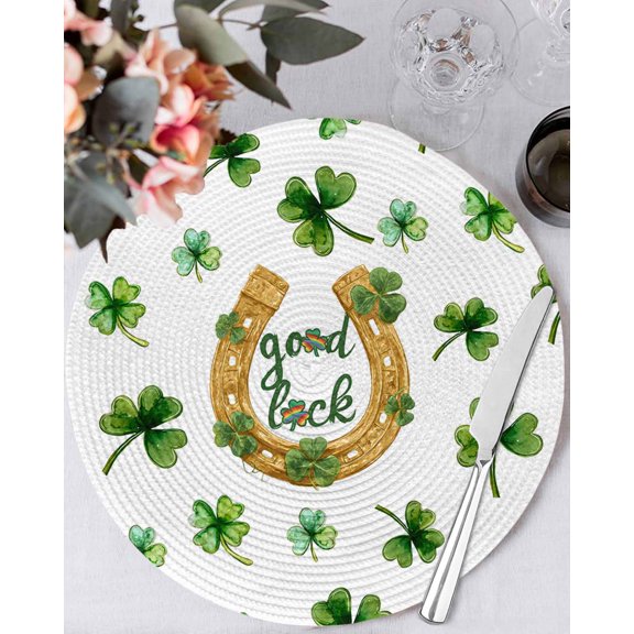 13 Inch Round Placemats Set of 4, Saint Patrick's Day Non Slip Heat Insulation PP Table Mats, Horseshoe Green Botanical Clovers Leaf Washable Place Mats for Kitchen Dining Party Table Decor