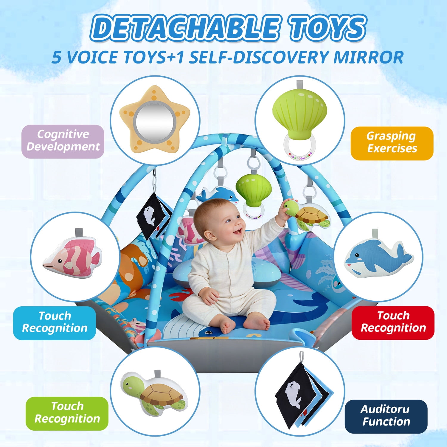 JoyStone Baby Gym Play Mat, 8-in-1 Tummy Time Mat, Infant Play Gym with 6 Detachable Toys, Washable Activity Mat & Ball Pit, Baby Toys Gift for Ages 0-18M