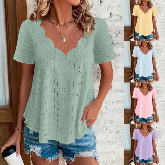 Feancey Plus Size Eyelet Tops for Women Scalloped V Neck Summer T-Shirts Breathable Casual Business Blouse Trendy Hollow Out Tunic Shirt Purple XL