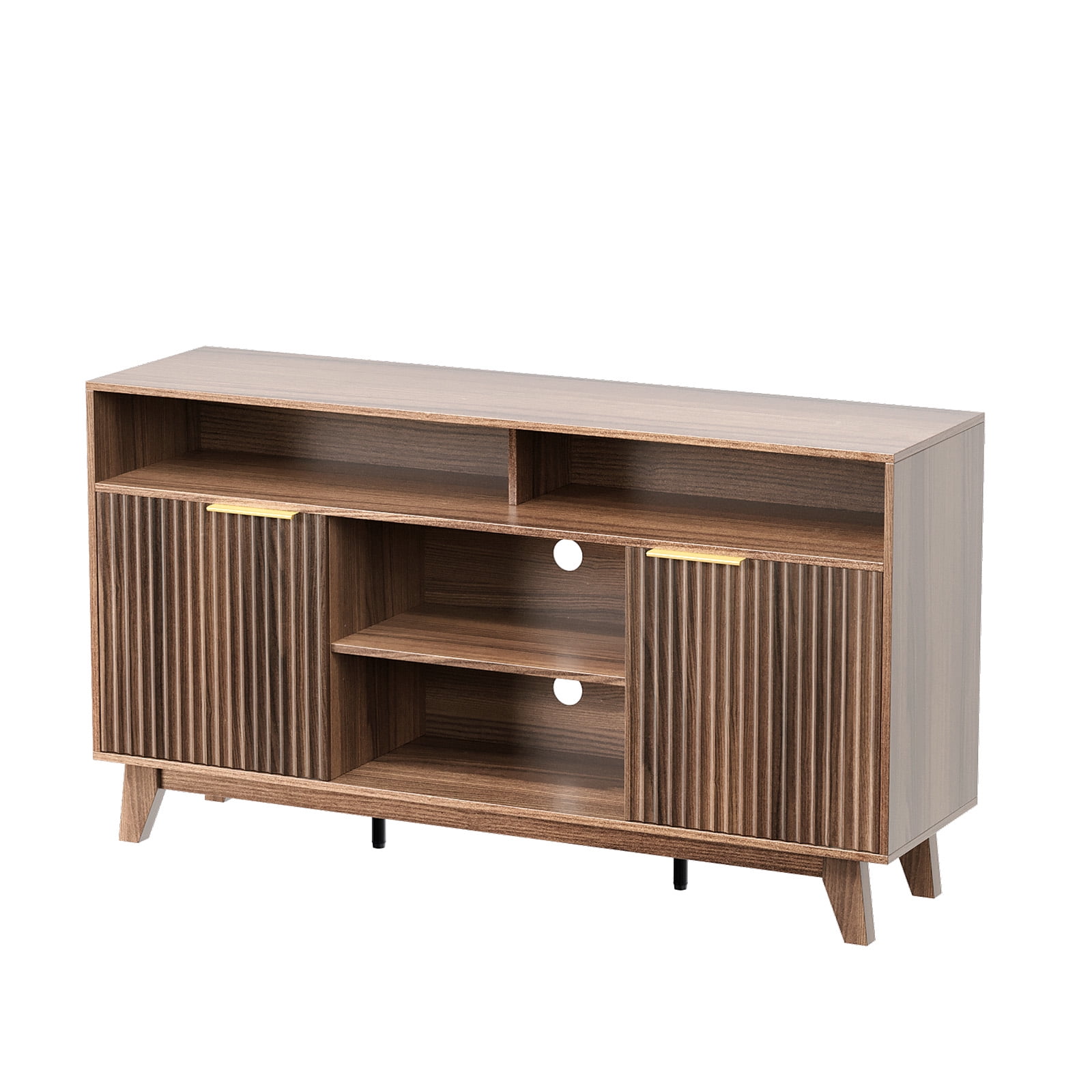 Ktaxon Modern Fluted TV Stand for 55/60/65" TVs, Wood Entertainment Center with 2 Doors and 4 Open Shelves Storage for Living Room, Home, Dark Walnut