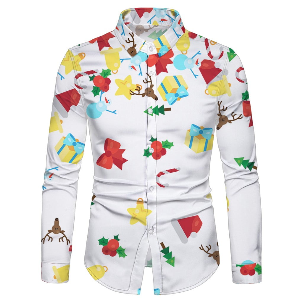 Ugly Christmas Men Ethnic Style Slim Long Sleeve Party Dress Shirt