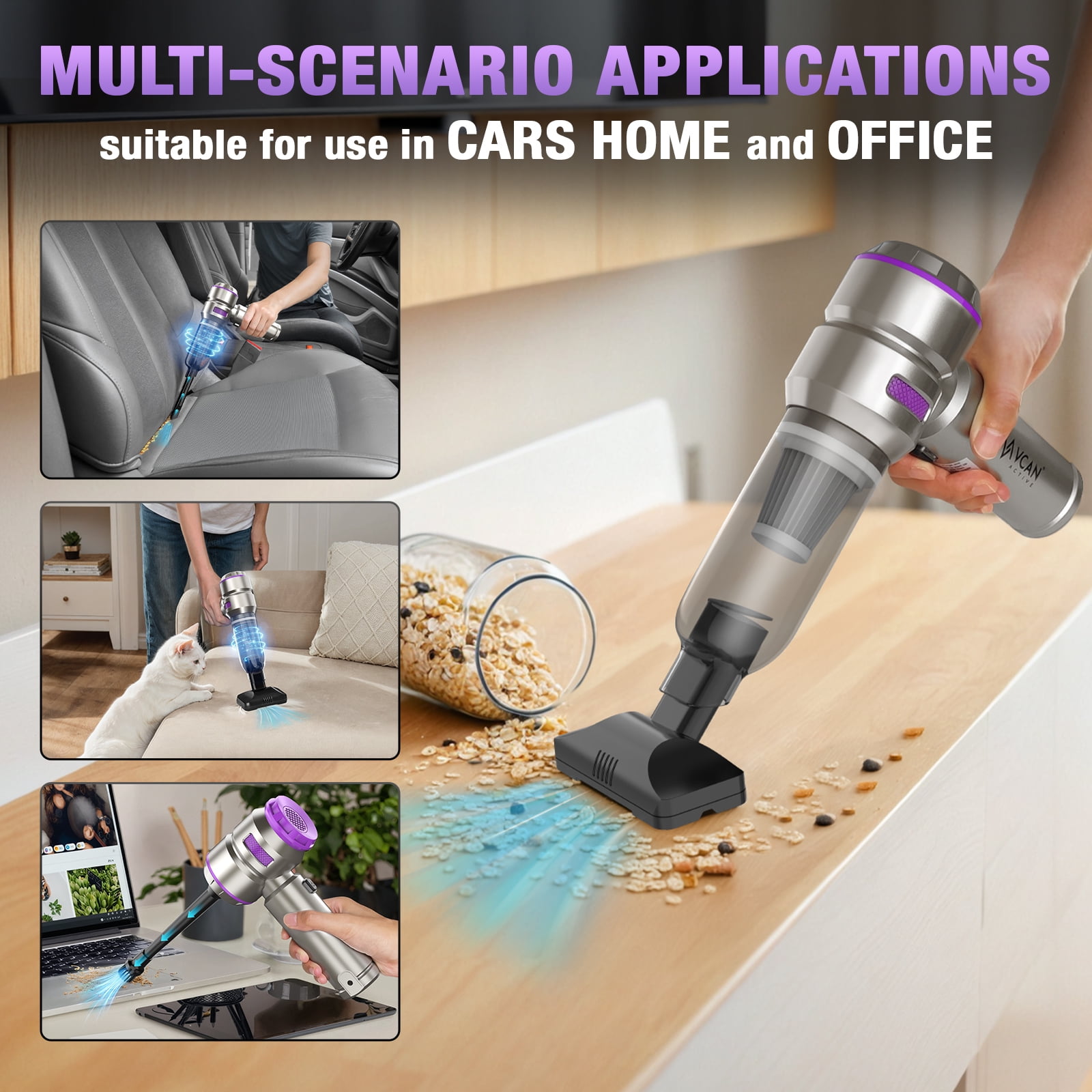 VCAN ACTIVE 18000PA High Power Cordless Car Vacuum, Brushless Motor, Portable for Car Home (Purple)