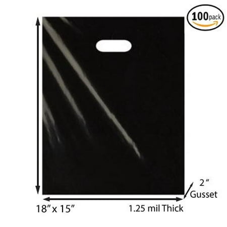 Die Cut Handle Plastic Bags (100 Pack 15' x 18' 1.25 mil Thick Black, 2 In Gusset, Merchandise Plastic Glossy Retail Bags | Die Cut Handles | Perfect for Shopping, Party Favors, Birthdays, Parties |)