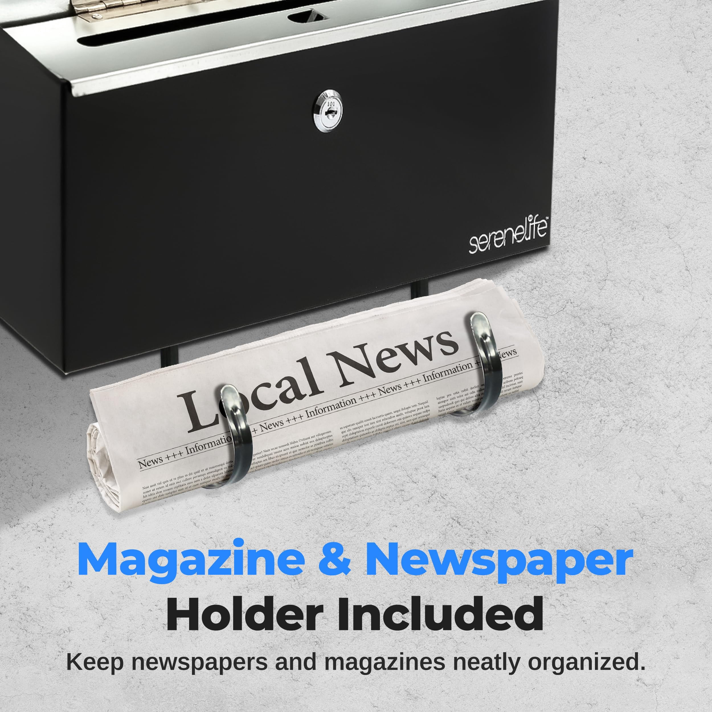 SereneLife Outdoor Wall Mailbox & Newspaper Holder | 0.24 FT Cubic Mailbox | Easy Installation, Secure Lock Mechanism | Ideal for Residential or Commercial Use | Wall Mountable | 15x3x11 in | Black