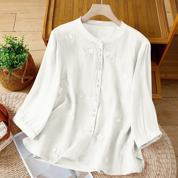 tarylea Cotton Linen Tops for Women Embroidery 3/4 Sleeve Button down Crew Neck Blouse Tops Casual Boho Dressy Tops