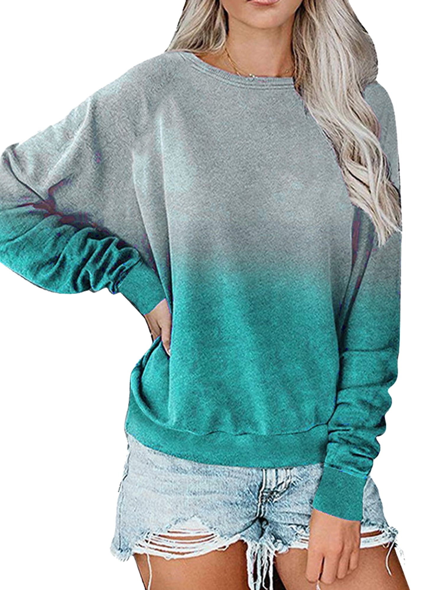 Casual Women Gradient Color Long Sleeve T-shirt Tops Ladies O Neck Loose Blouse