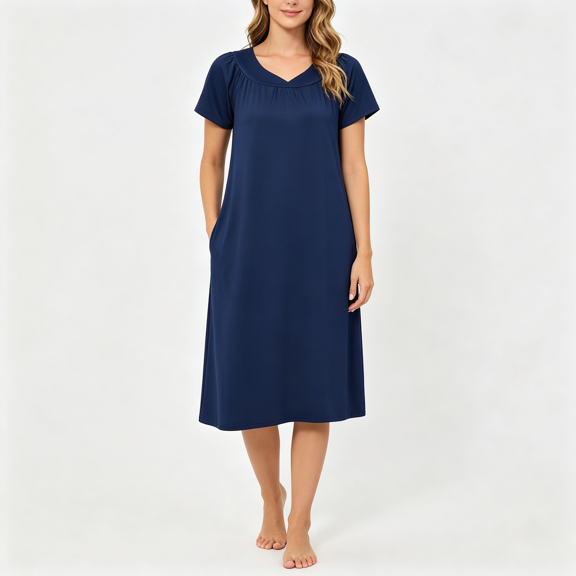 CAZOFW Womens Nightgown，V-Neck Short Sleeve Loose Pocket Short Nightdress Homewear Sizes S-2XL
