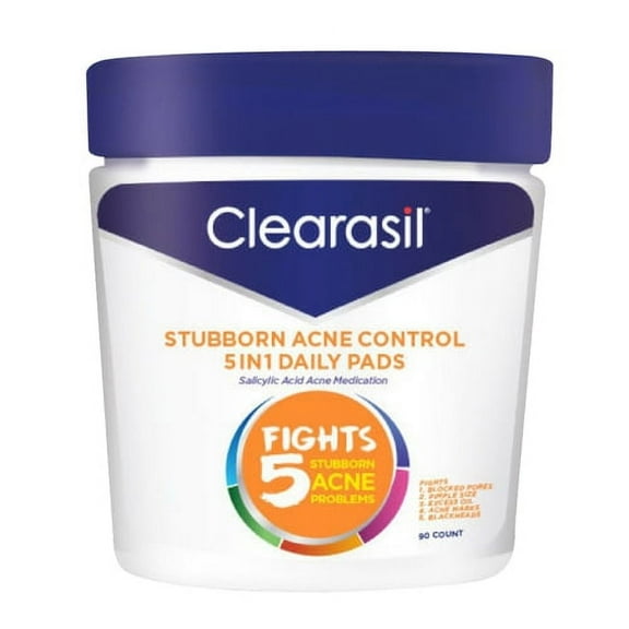 Clearasil Stubborn Acne Control 5 In1 Daily Cleansing Face Pads, 90 Ea, 2 Pack