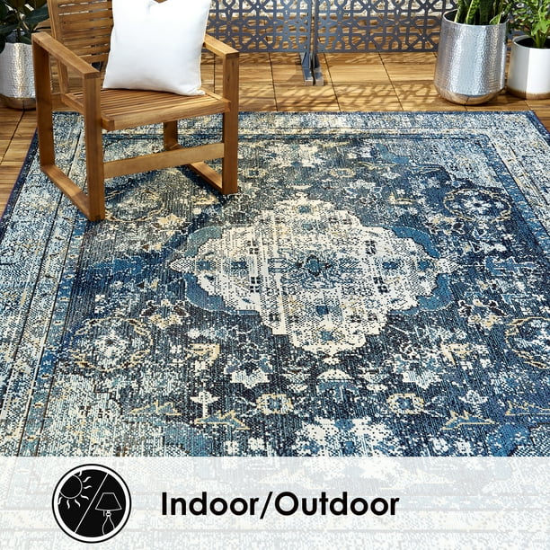 Home Dynamix Nicole Miller 5' x 7' Blue and White Medallion Outdoor Rug
