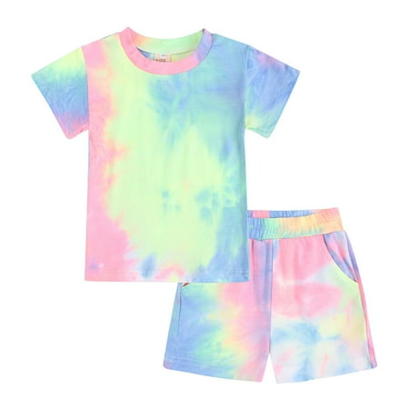 

Herrnalise 2pcs Toddler Boy & Girls Rainbow Color Tie Dye Short Sleeve Shirt Top & Shorts Clothes Set Summer Tie-dye Short Sleeve Shorts Casual Homewear Suit