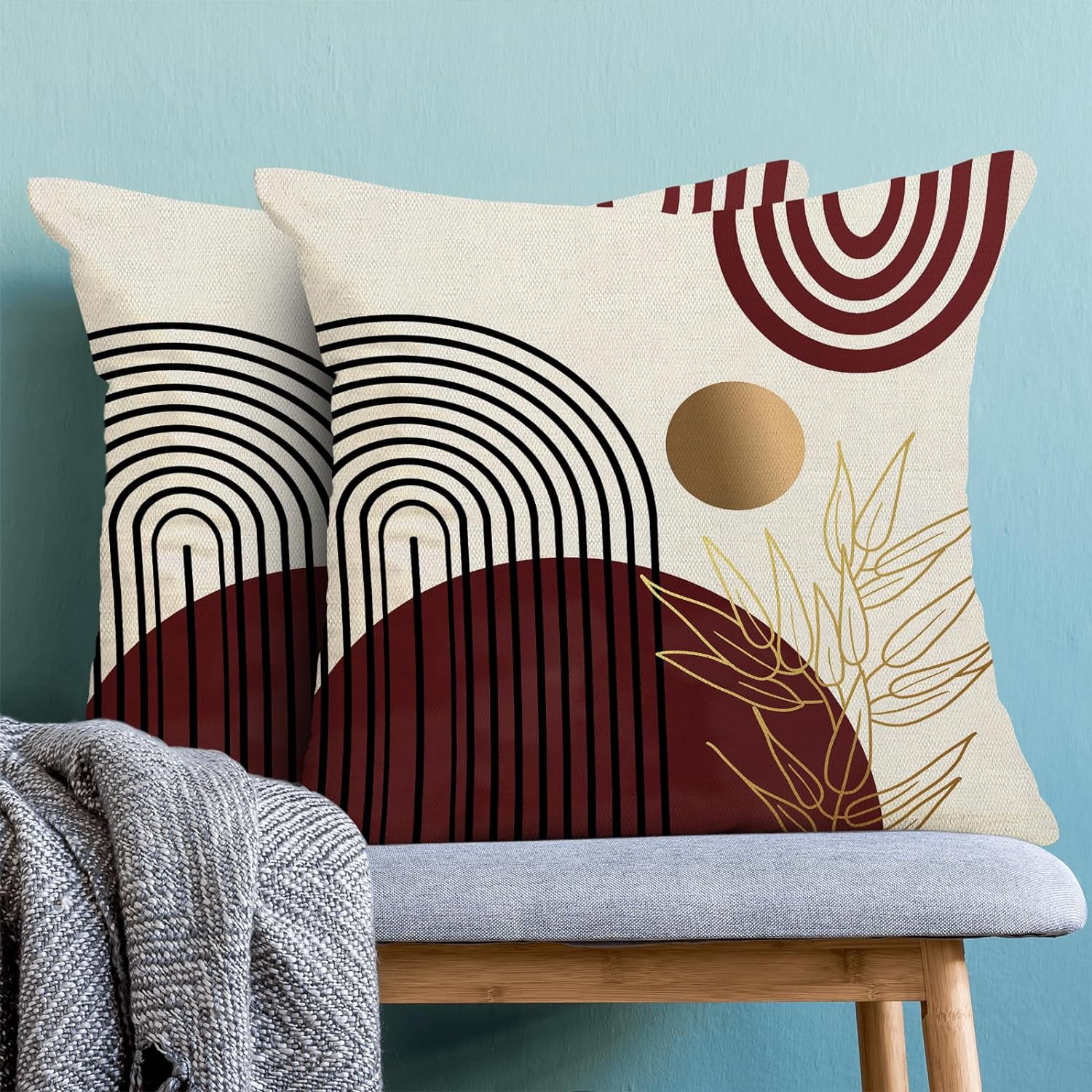 Boho Pillow Covers 18x18 Set of 2, Red Gold Farmhouse Decorations Throw Pillow Covers Boho Leaves Tropical Outdoor Decorative Linen Cushion Case for Couch Sofa Home