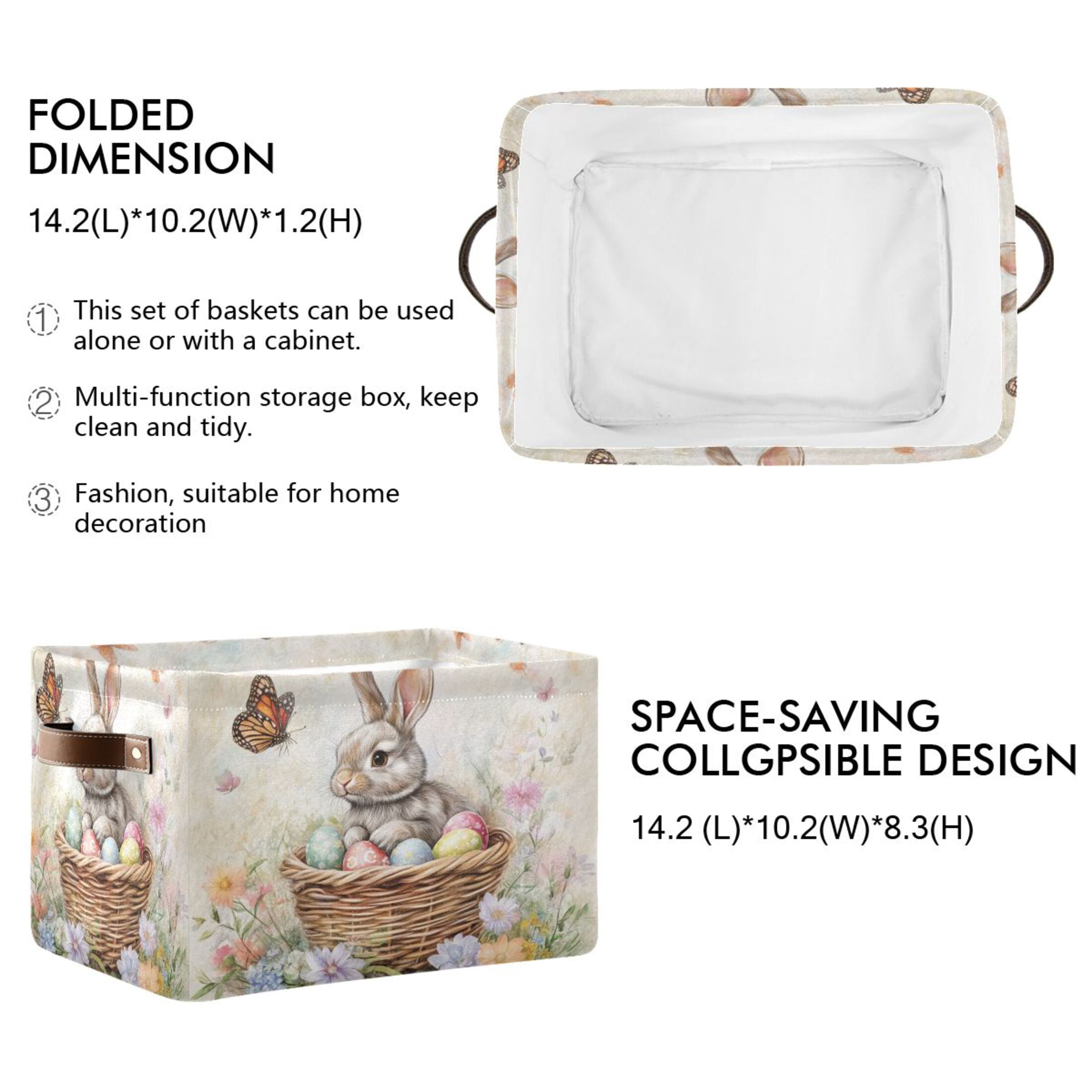 WOBOGO Gray Easter Rabbit Square Storage Basket with Waterproof Canvas and PE Lining Durable PU Leather Handles 14.2×10.2×8.3in