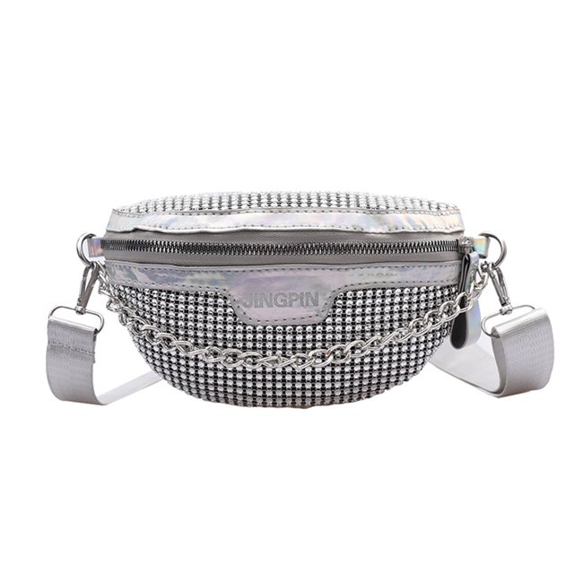 Rhinestone Fanny Riñonera Mujeres Cremallera Brillante Cofre Crossbody Pack (Plata)