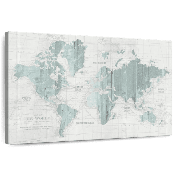 Elephant Stock Old World Map Mint Gray Wall Art - Horizontal Canvas Wall Art - Living Room Wall Decor - Map Canvas - Gray And Blue Decor By Wild Apple Portfolio - 12" x 8"