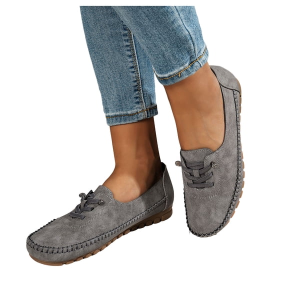 Penny Loafers for Women Round Toe Stitching Suede Lace up Casual Orthopedic Walking Shoes Comfy Arch Support Flat Shoes Antislip Moccasin Driving Shoes Grey Size 8.5