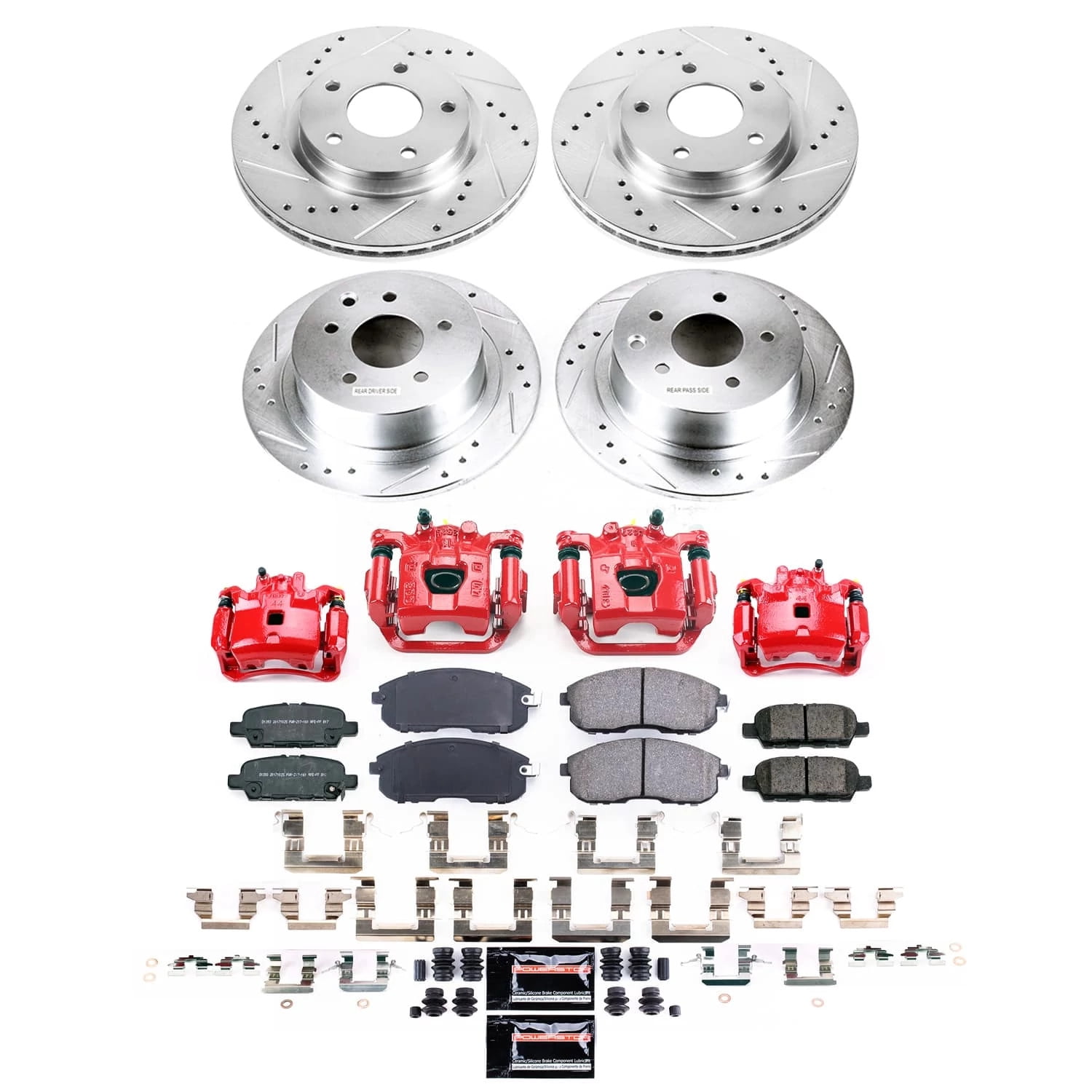PowerStop Front and Rear Z23 Evolution Sport Brake Pad and Rotor Kit with Red Powder Coated Calipers Fits: NISSAN Select Models KC8359
