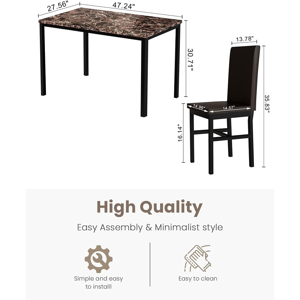 Cvortll Dining Table Set for 4, Modern Faux Marble Kitchen Table Set with 4 Leather Upholstered Chairs, 5-Piece Dinette for Dining Room, Nooks