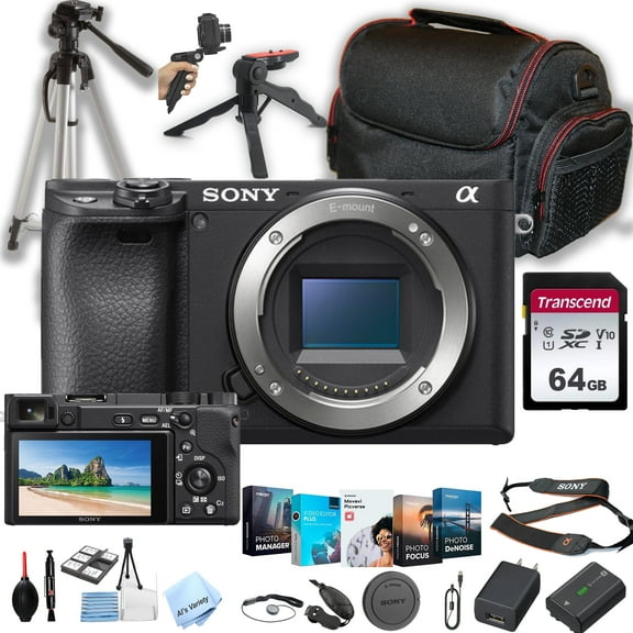 Sony a6400 Mirrorless Digital Camera Body Only (No Lens) 64GB Memory Case Steady Grip Pod Tripod Software Pack More (30pc Bundle) (International Version)