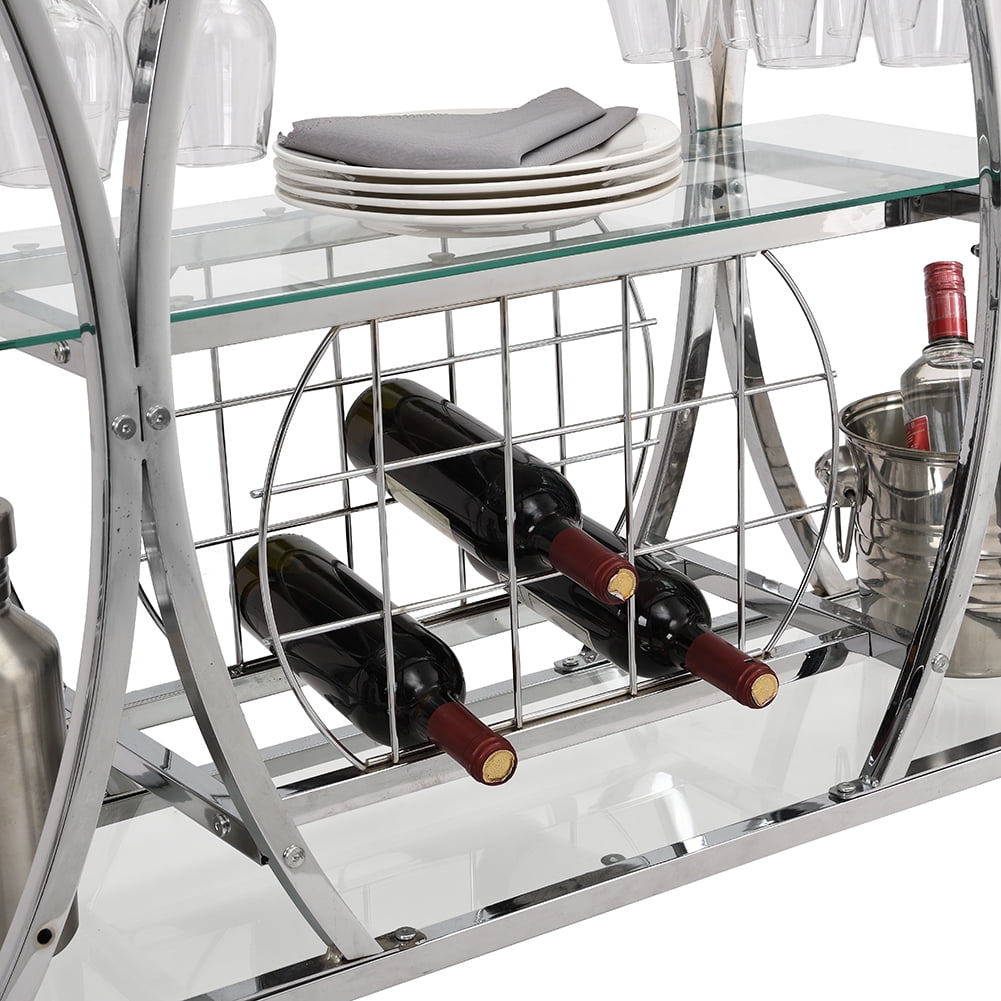 Kepooman Contemporary Bar Carts, Industrial Bar Cart with Wine Rack Silver Modern Glass Metal Frame Wine Storage, Silver Kepooman Contemporary Bar Carts, Industrial Bar Cart with Wine Rack Silver Modern Glass Metal Frame Wine Storage, Silver