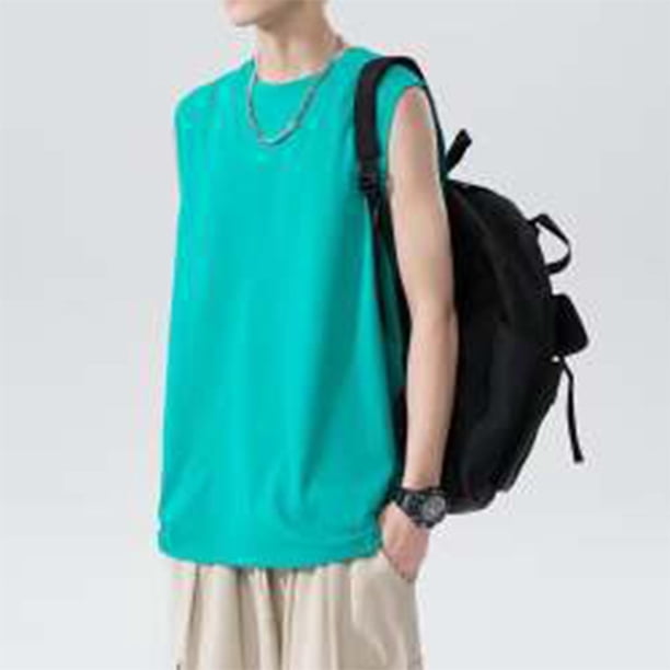pstuiky Camisetas sin mangas para hombre, Camisola deportiva informal de cuello redondo y alta elasticidad de color liso para hombre Camisas de hombre xl