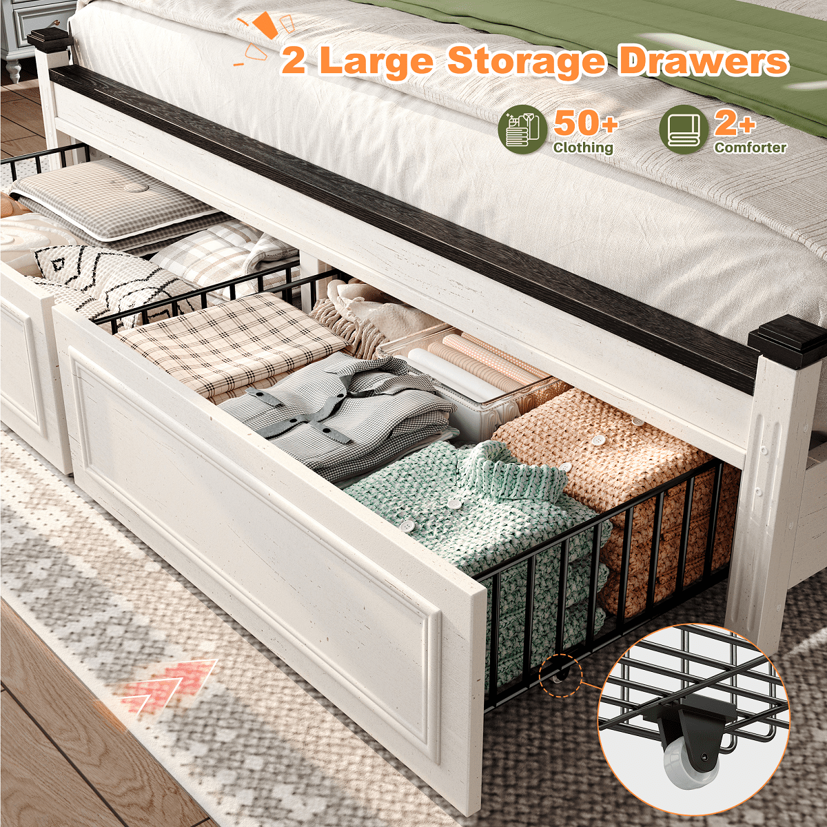King Size Bed Frame with 2 Storage Drawers Farmhouse  Wood Bed Frame with Storage &  Tall Headboard,White