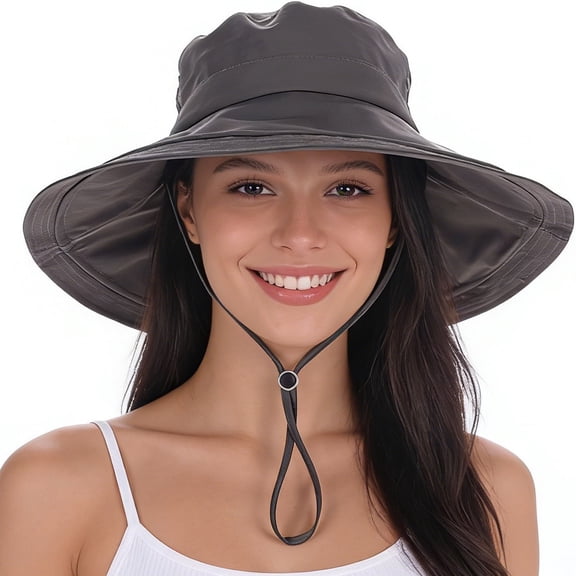 Womens Sun Hat with Ponytail Hole, 4.3" Wide Brim UPF 50 Waterproof Bucket Hat, Shapable & Packable for Beach Hiking Fishing - Dark Grey