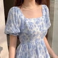 thumbnail image 4 of Women Summer Dress Puff Sleeves High Low Ruffle Hem Floral Print Elastic Waist Summer Dress Blue L, 4 of 8
