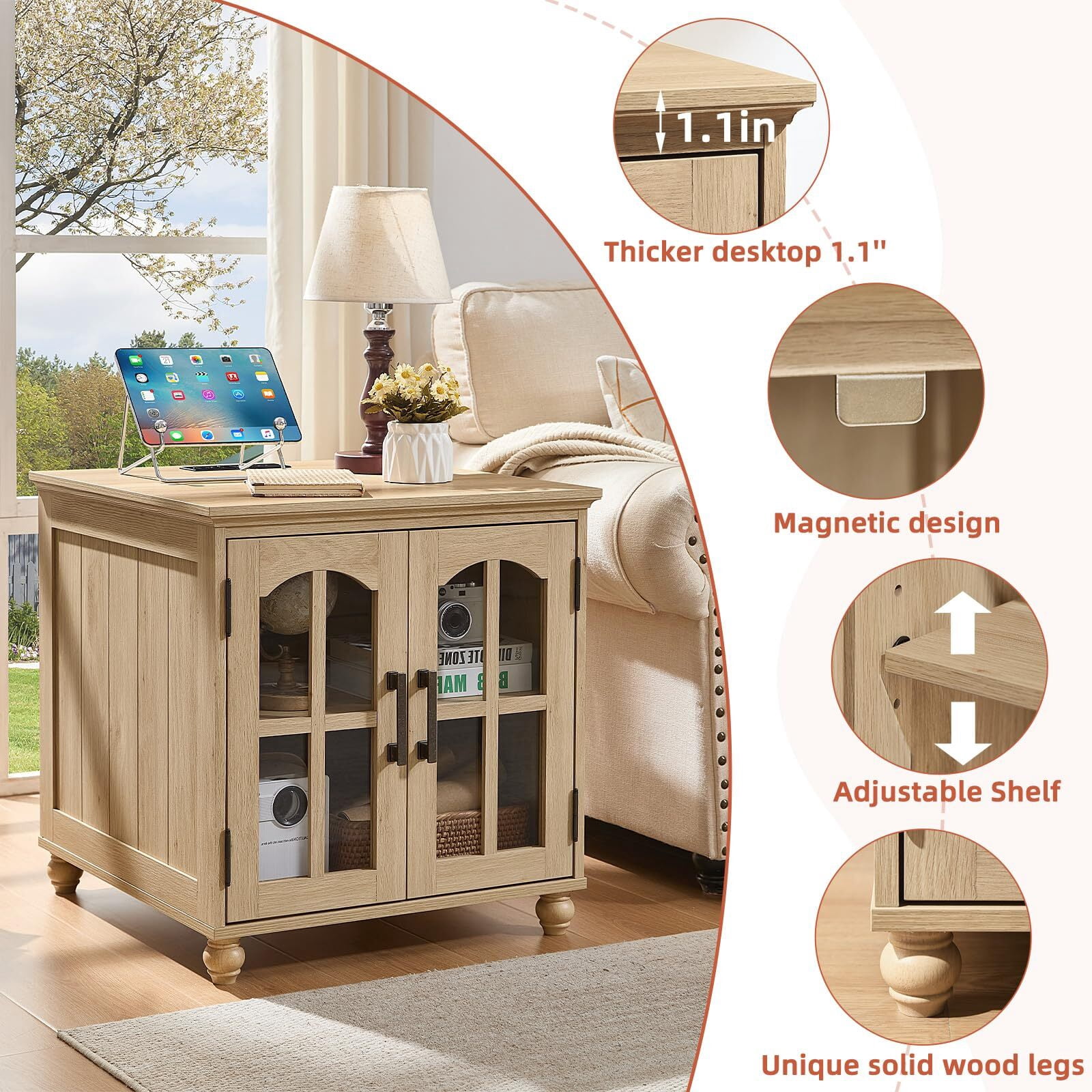Buildhom Farmhouse End Table with Charging Station, 2pc 24" Wide Nightstand with Glass Barn Door & Adjustable Shelf for Living Room, Natural