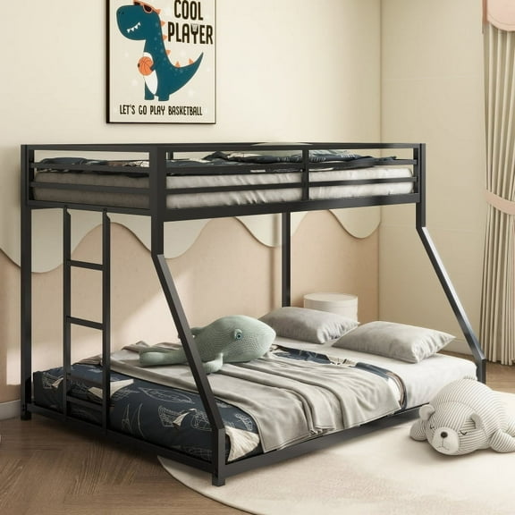 [Luckynote]Adam Sturdy Twin over Full Bunk Bed Metal Black, Low Profile Twin over Full Bunk Bed with Ladder and Guardrails, Easy Climbing, Beds for Bedroom