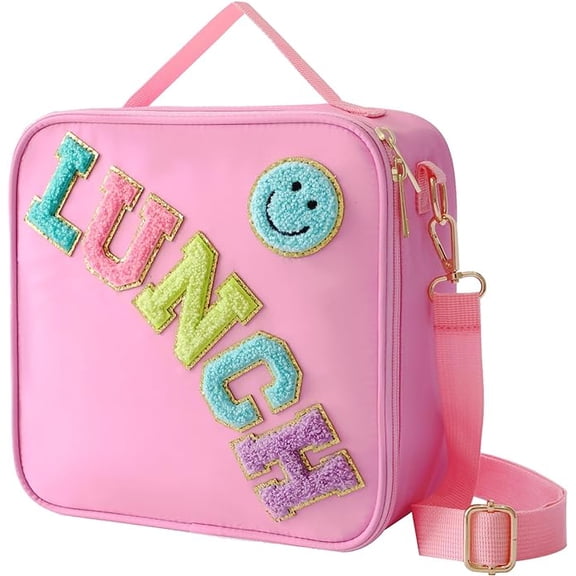 Insulated Lunch Bag With Adjustable Shoulder Strap, Nylon Lunch Box Large Insulated Lunch Bag Reusable Lunch Tote Bag with Smiley Preppy LunchBag for School Travel Picnic (Pink)