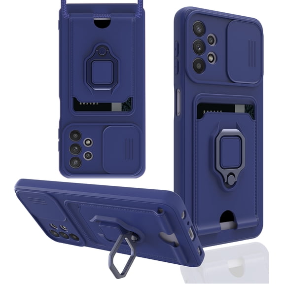 For Samsung Galaxy A32 5G Shockproof TPU Rubber Card Holder Case Lens Protective Ring Stand Magnet Cover