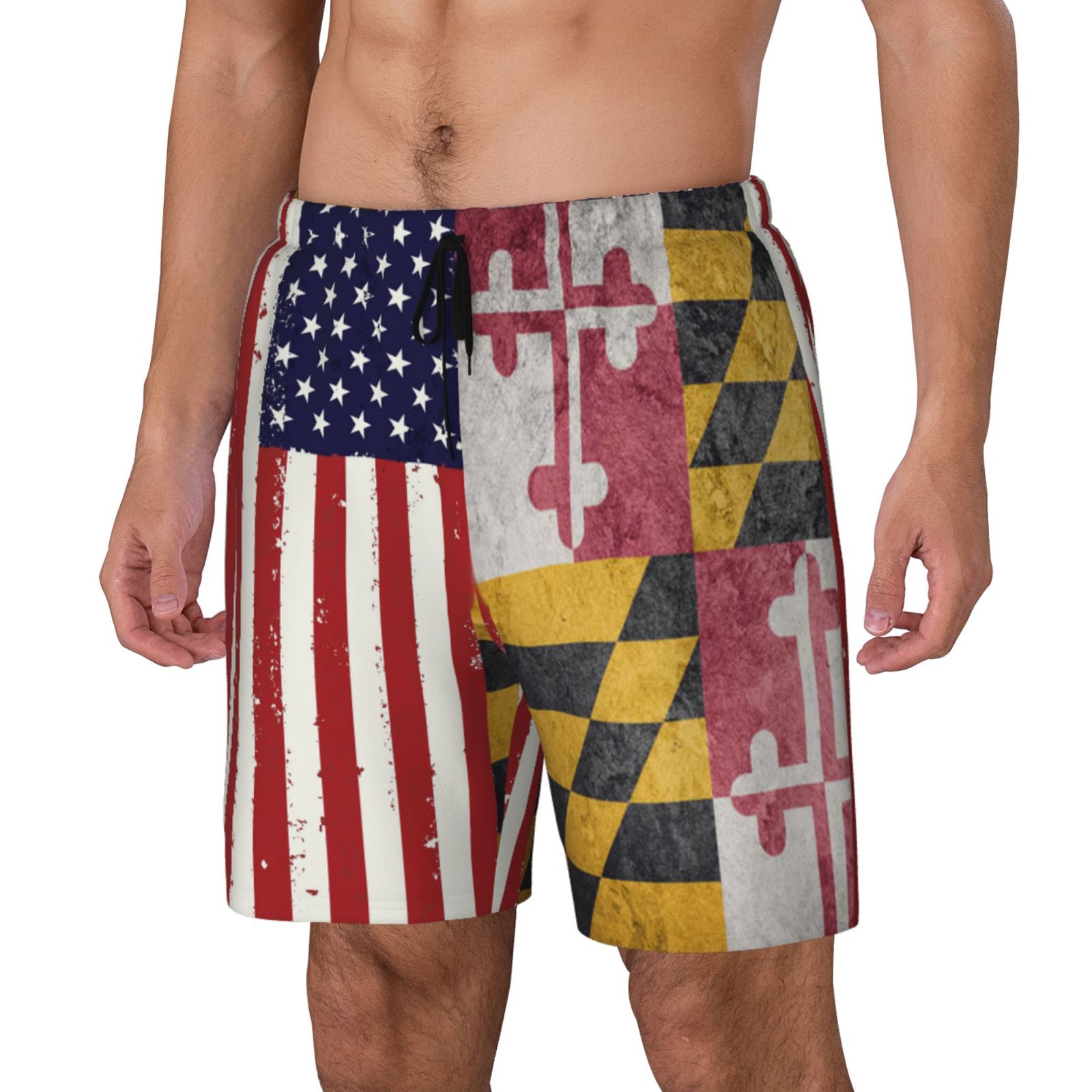 Men's Grunge America Maryland Flag Swim Trunks with Compression Liner Bathing Suit Swimwear
