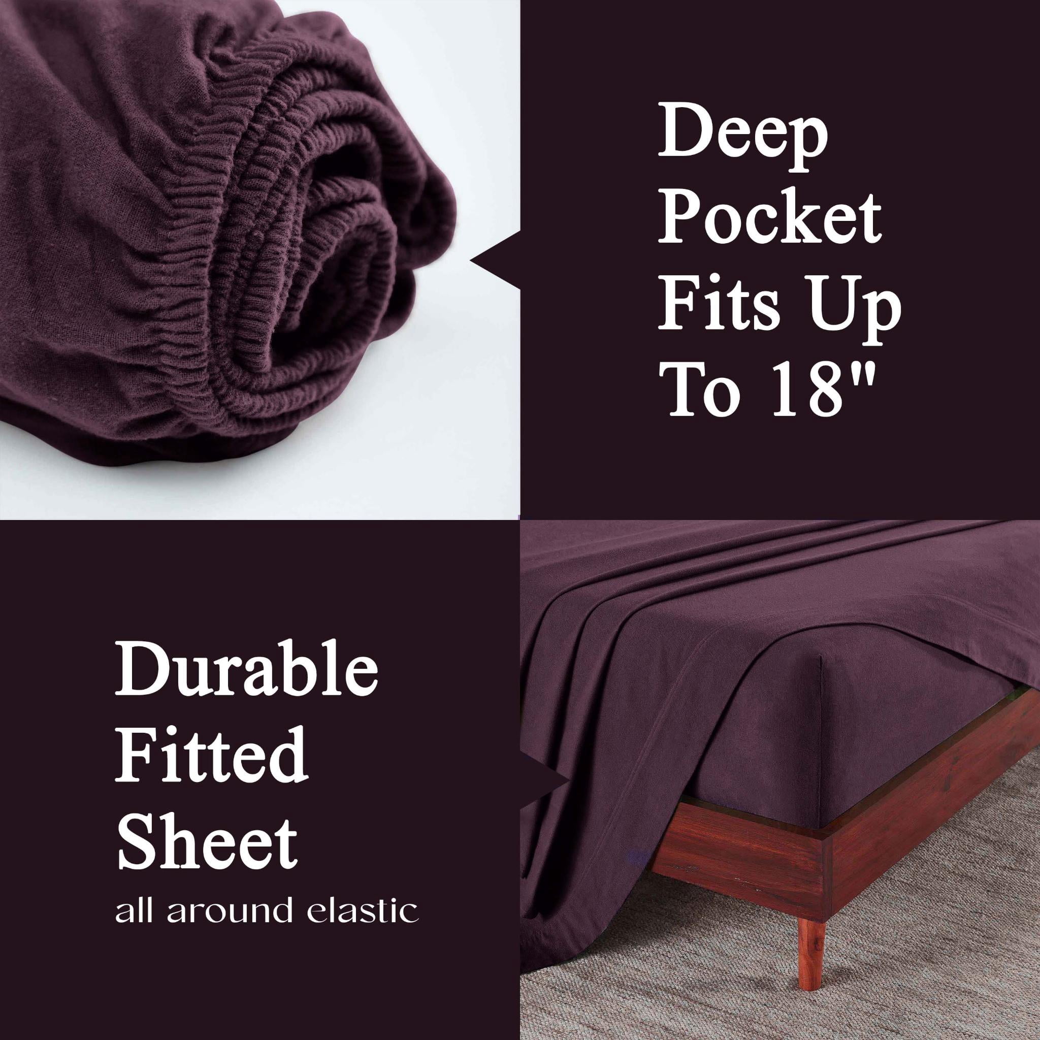 Superior Solid Flannel Cotton Bed Sheet Set , Soft Fitted Sheets, King, Purple