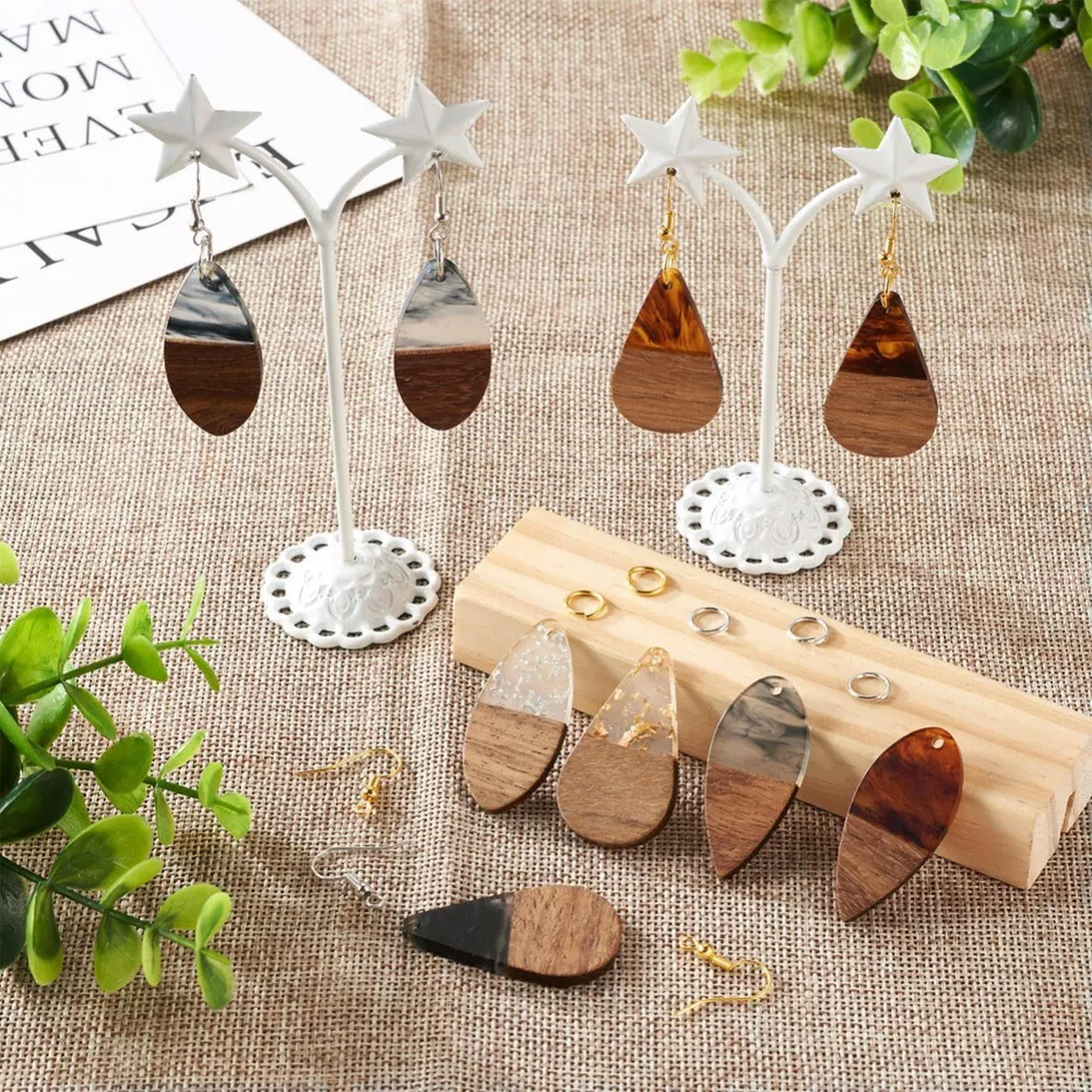 U8MO 1Box Resin Walnut Wood Pendants DIY Teardrop Dangle Earring Jump Ring Making Kit