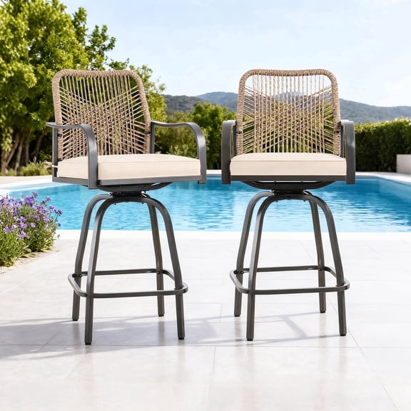 Outdoor Bar Stools Set of 2,Wicker Outdoor Bar Height Bar Stool with Removable Cushion for Garden Porch, Backyard