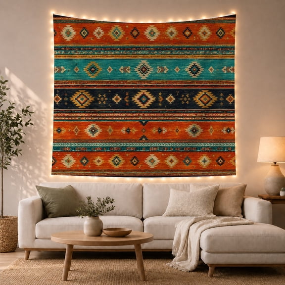 Boho Aztec Diamond Stripes in Vibrant Rust Teal and Navy, Nostalgic Folk Art for Home Decor Enthusiasts, Geometric Wall Art, Housewarming Gift, Tapestry Wall Hanging for Living Room and Bedroom