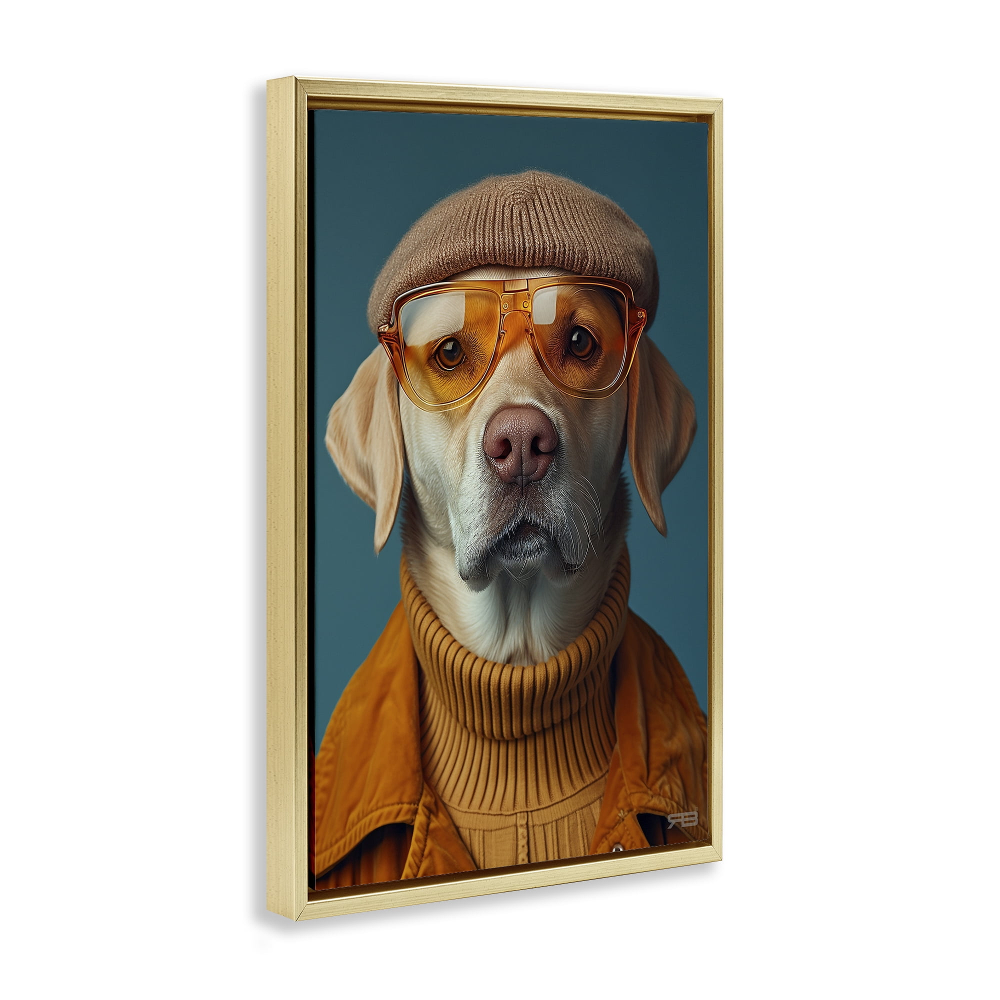 Stupell Industries Dog in Knit Fashion Animals & Insects Painting Gold Floater Framed Canvas Art Print Wall Art, 21 x 31