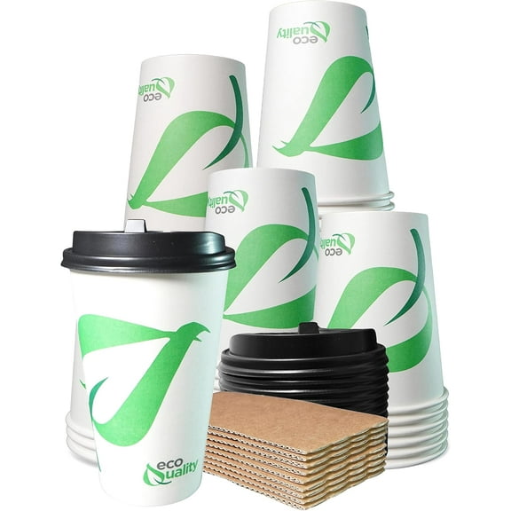 16 oz Compostable Paper Cups with Black Dome Lids and Sleeves - Biodegradable Disposable White Paper Coffee Cups PLA Lined - Eco-friendly Hot and Cold Drinking Cups (25)