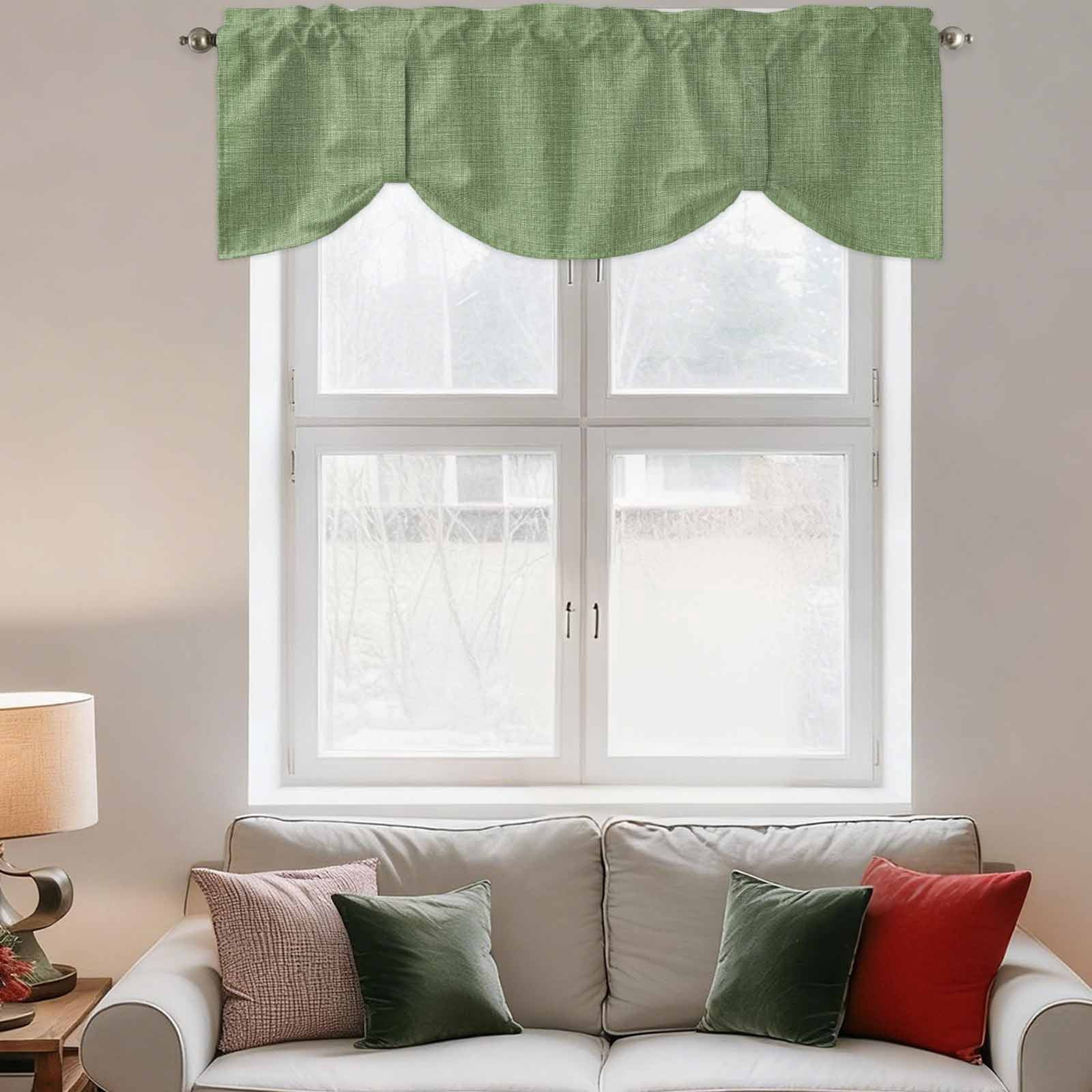 Vintage Forest Green Tie Up Valance Curtains for Windows, Kitchen Curtains Window Treatments, Farmhouse Retro Solid Color Linen Texture Short Window Shades Valances for Bedroom Bathroom Cafe 54"x18"