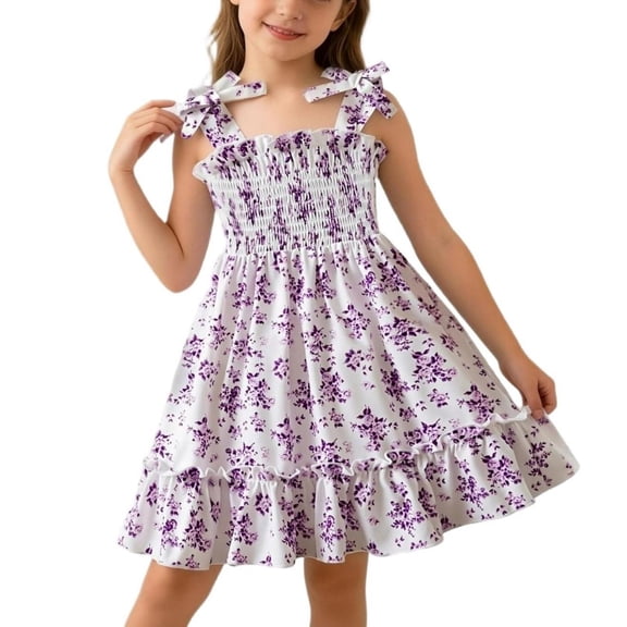 Teylalorva Girls Floral Dress, Ruffles Flowy Sleeveless Casual Cute Summer Smocked Sundress Purple Size 7