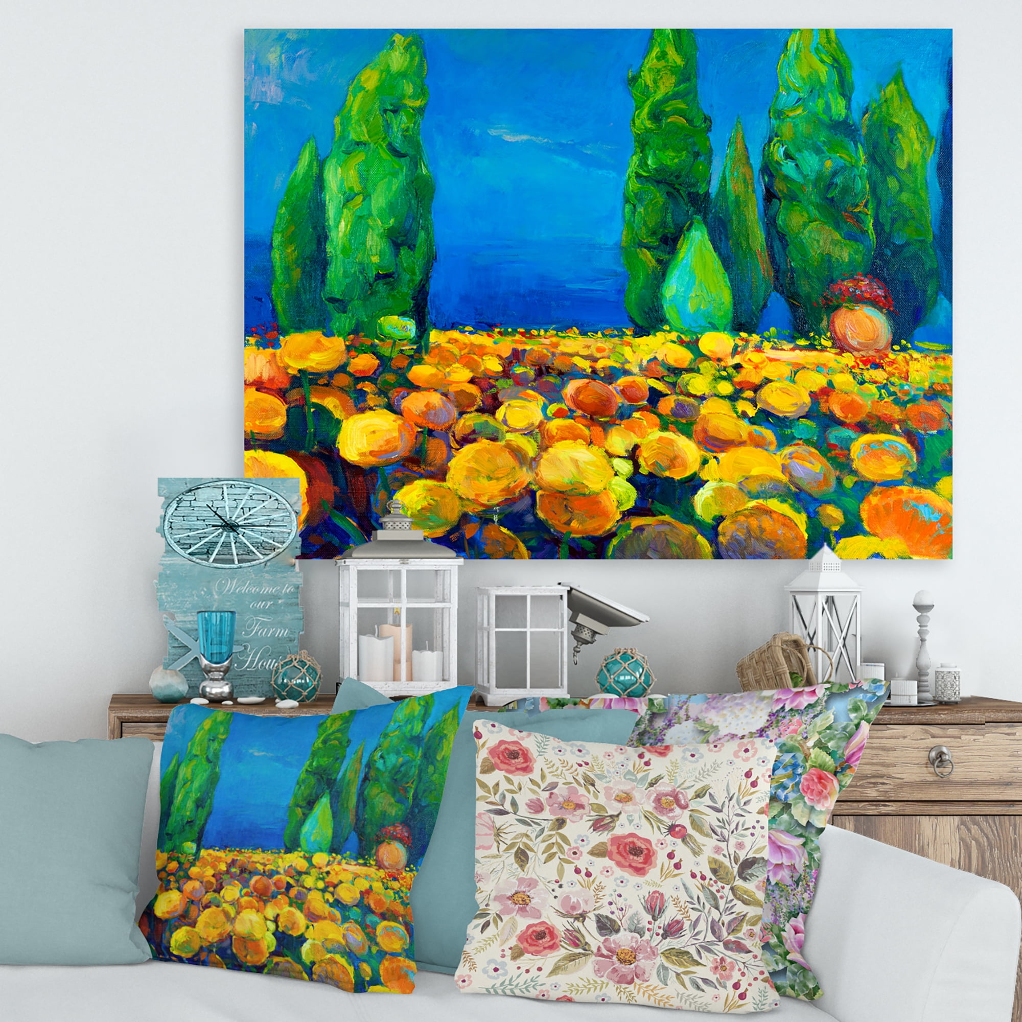 Designart ' Yellow Blossoming Flowers Landscape With Green Trees ' Traditional Canvas Wall Art Print
