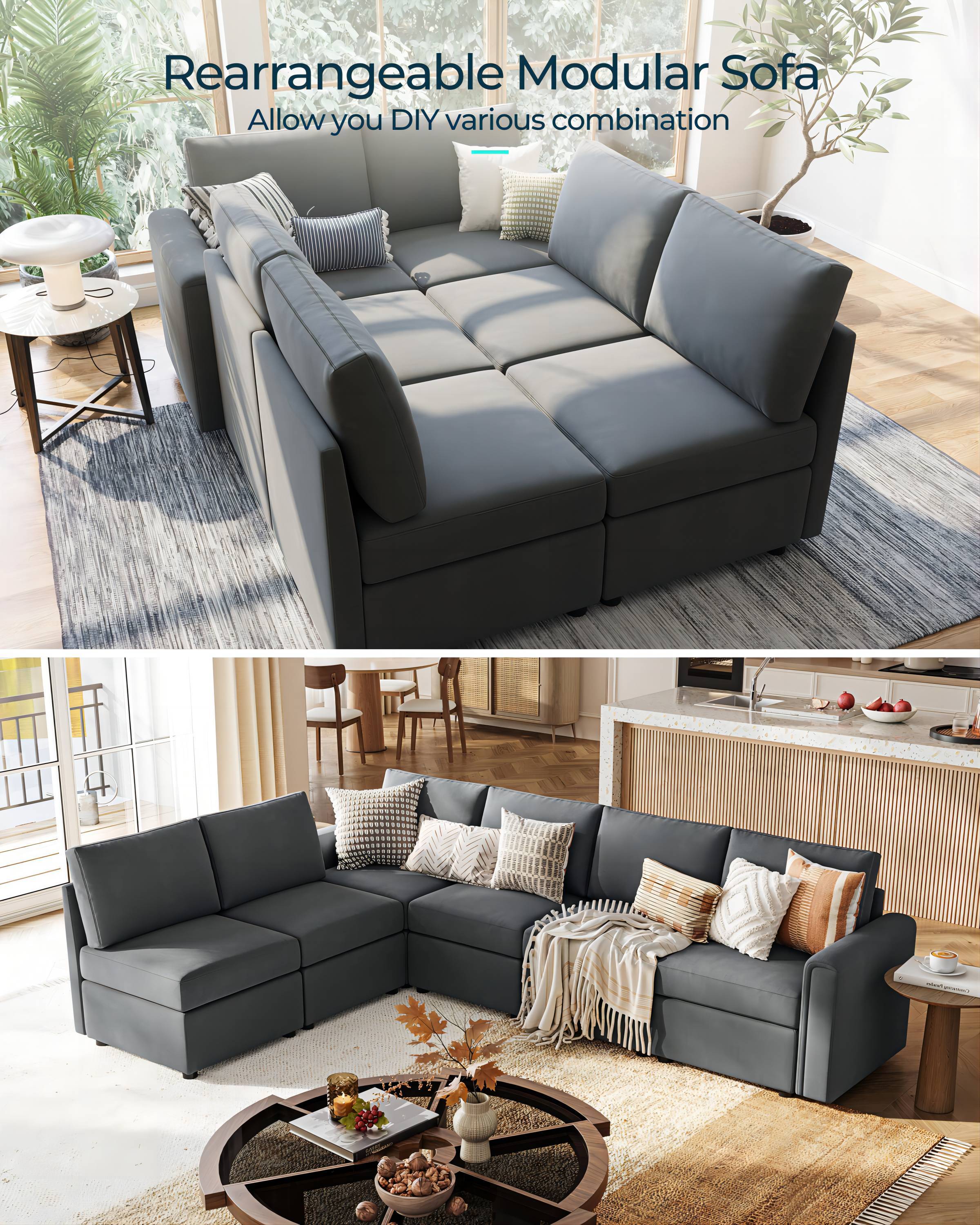 LINSY HOME Modular Couches and Sofas Sectional with Storage Sectional Sofa U Shaped Sectional Couch with Reversible Chaises, Dark Gray - image 4 of 13