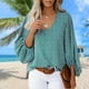 thumbnail image 5 of Camisas Mujer Camisa informal estampada con cuello en V, mangas acampanadas, blusa, ropa femenina (verde S) Ygjytge para Mujer Verde T S, 5 of 6