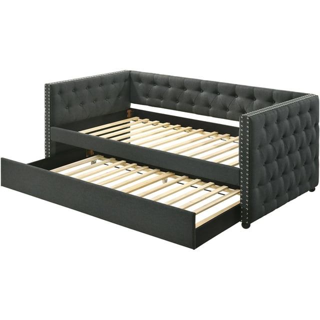 ACME Romona Button Tufted Fabric Full Daybed and Twin Trundle in Gray
