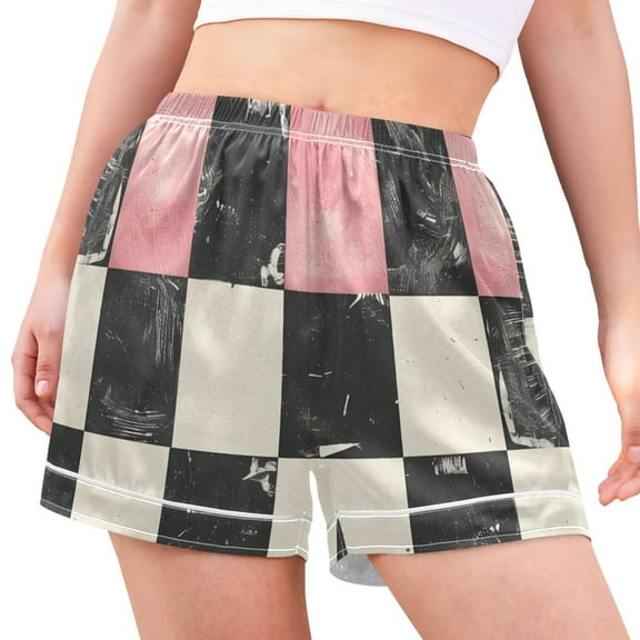 joogoo Women's Pajama Lounge Shorts Pink and Black Checkered Pattern Bottoms Sleep Short M