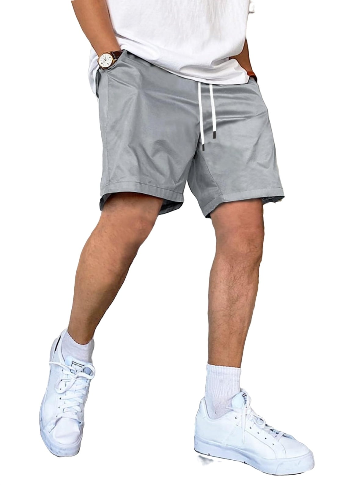 Light Grey Solid Pocket Casual Straight Leg Men Clothing Men Shorts ...