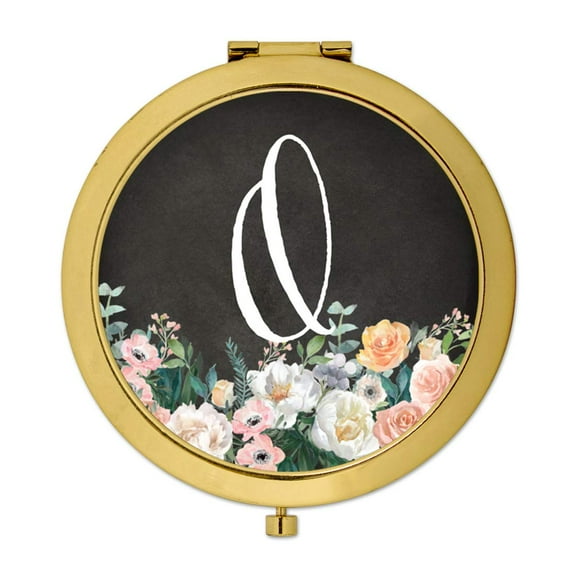 Koyal Wholesale Gold Compact Mirror Bridesmaid's Wedding Gift, Peach Flower Florals on Chalkboard, Monogram Letter O