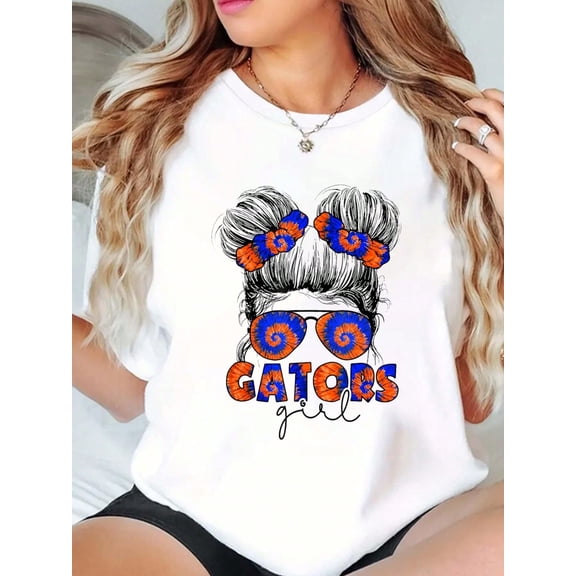 100% Cotton Gators Inspirational Funny Gators Girl Women Messy Bun T-Shirt Print Round Neck Short Sleeve T-Shirt For Women Casual, Summer, Women Top Graphic Tees Women Tops