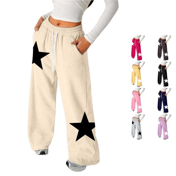 Sonxahe Toddler Girl's Star Print Sweatpants Y2K Drawstring Wide Leg Streetwear Casual Bottoms,Beige