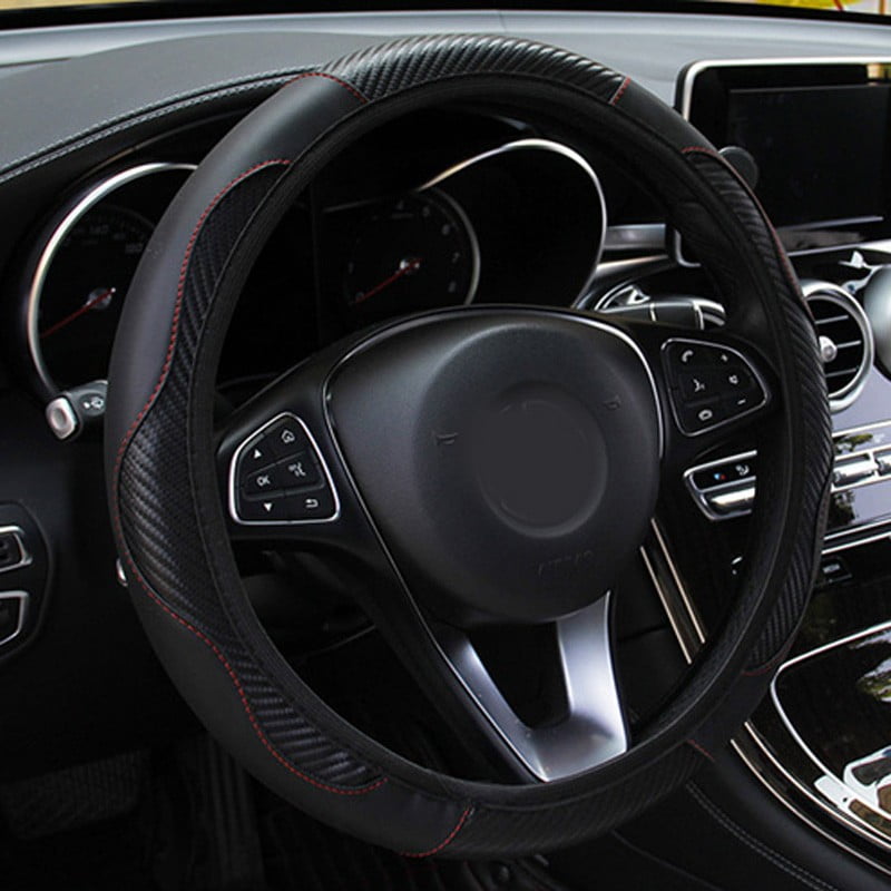 38cm Universal Carbon fiber Leather Steering Wheel Cover Auto Car Truck Black x1
